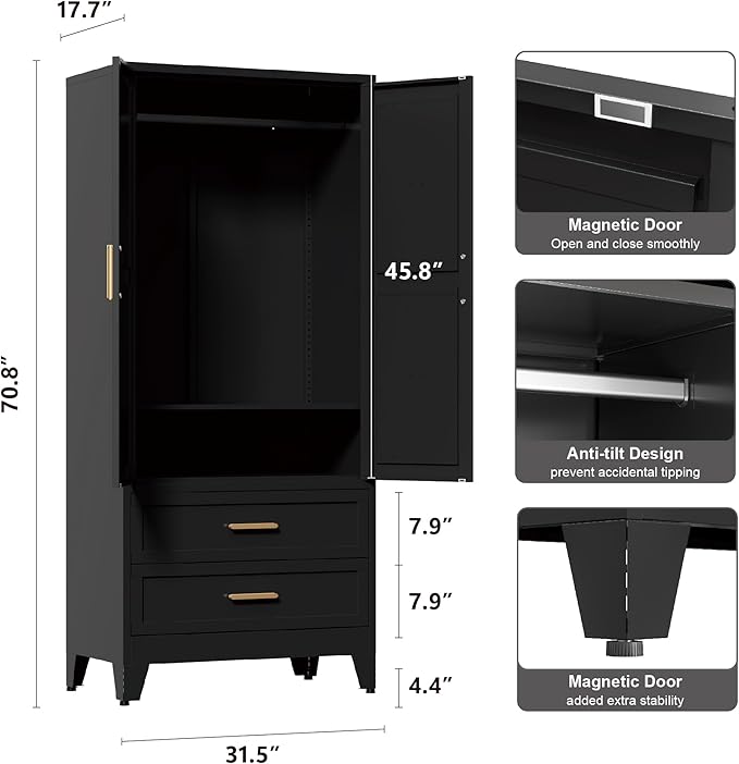 71'' Farmhouse Metal Wardrobe Cabinet with Hanging Rod, 2 Barn Door Wardrobe Closet with Adjustable Shelves,2 Drawer,for Dining Room,Bedroom,Living Room, Cloak Room,Office (Black)-CasaMuseHome