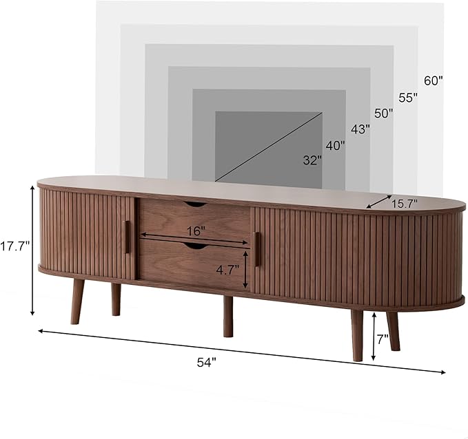 55" Mid Century TV Stand, Fluted TV Stand Fits 32" to 60" TVs. Wood Entertainment Center for Living Room, Farmhouse Modern TV and Media Console Table with Storage, Curved Edge and Sliding Door, Walnut-CasaMuseHome