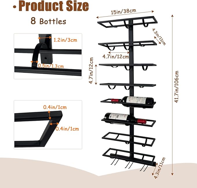 8 Bottle Wall Mount Wine Rack with Wine Glass Holder, Metal Wine Wall Rack, Wall Racks for Wine Bottles Display and Storage, Hanging Bottle Organizer for Living Dining Room Wine Cellar Bar (Black）-CasaMuseHome