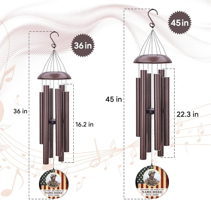 36inch Personalized Wind Chimes, Memorial Wind Chimes for US Veteran, Wind Chime for Loss of Loved Dad/Mom, Sympathy Memorial Gifts, Thank You Veteran Solider-CasaMuseHome