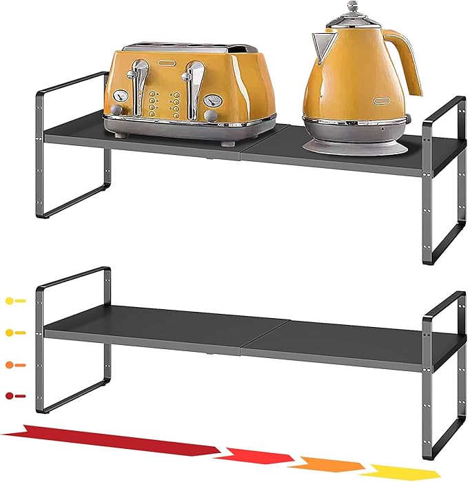 16.5~27.1" Expandable Shelf Organizer, 2Pack 8.1" Wide Stackable Cabinet Shelf Organizers, Black Metal Sturdy Kitchen Counter Storage for Countertop, Adjustable Height Spice Rack-CasaMuseHome