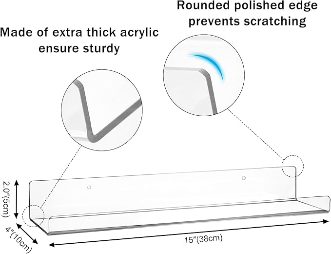 4 Pack Clear Acrylic Floating Shelves for Wall, 15'' Plastic Wall Mounted Display Shelf Kids Bookshelf and Spice Organizer for Bedroom, Living Room, Kitchen, Bathroom, Office-CasaMuseHome