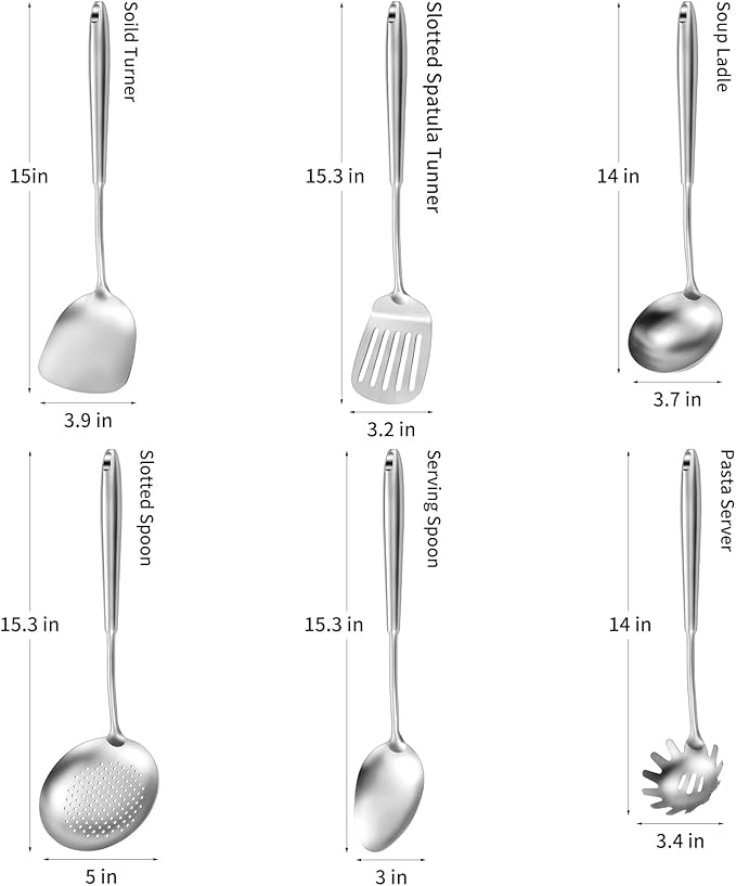304 Stainless Steel Cooking Utensils,6 Pcs Kitchen Cooking Utensils Set with Spatula, Solid Spoon, Ladle, Skimmer, Spaghetti Spoon,Dishwasher Safe-CasaMuseHome