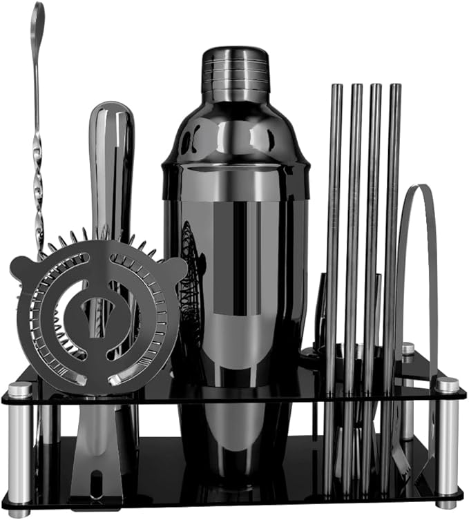 14-Piece Cocktail Shaker Set Bartender Kit with Black Stand, Bar Tool Set for Drink Mixing Bartending Kit Bar Sets Accessories: 750ml(25oz) Shaker, Jigger, Muddler, Cocktail Recipes (Black)-CasaMuseHome