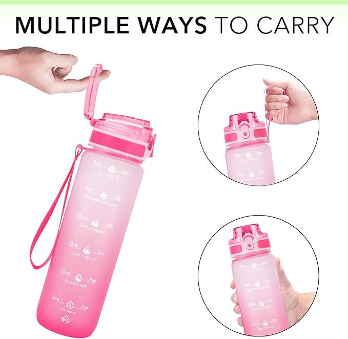 32oz Motivational Water Bottles with Time Marker & Fruit Strainer, Transparent Gradient Color Water Bottle with Times to Drink, Leakproof & BPA Free, Reusable Bottle with Strap (No Straw)-CasaMuseHome