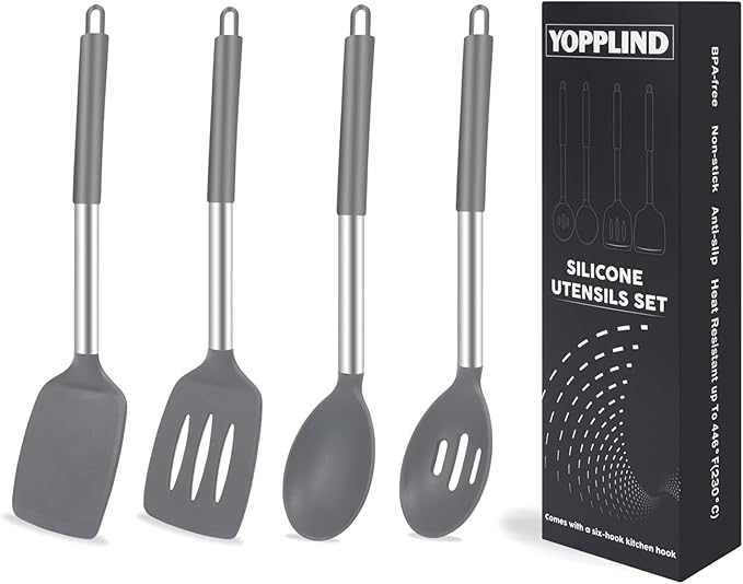 5-Piece Silicone Kitchen Tool Set, BPA-Free, Heat-Resistant, Non-Stick & Dishwasher-Safe, with Slotted/Solid Spoons & Spatulas for Frying, Mixing, Draining – Includes Multi-Purpose Serving Hook(Gray)-CasaMuseHome