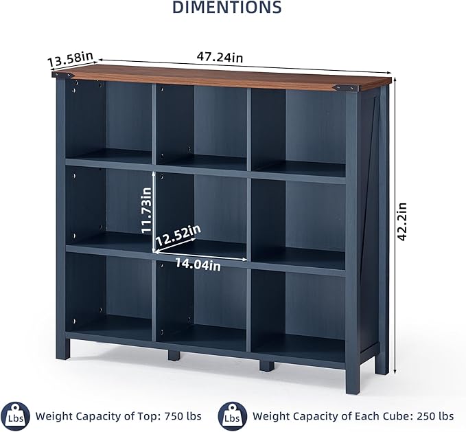 9 Cube Bookcase, Farmhouse 47 Inch Wide Navy Blue Bookshelf, Wooden 3 Tier Display Large Open Book Shelf, Vintage Horizontal Book Case for Home Office, Cubby Storage Cabinet for Living Room-CasaMuseHome