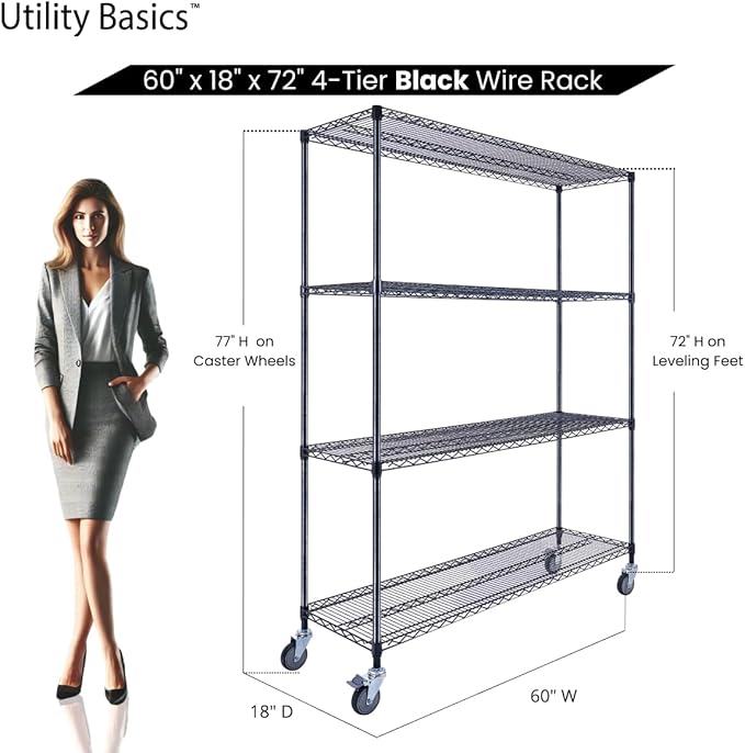 60"x18"x72" Black Premium Metal Steel Wire Shelving 4-Tier NSF 3200 LBS MAX Capacity Heavy Duty Storage Rack for Garages, Commercial Spaces, Hospitals, & Schools w/Premium Wheels-CasaMuseHome