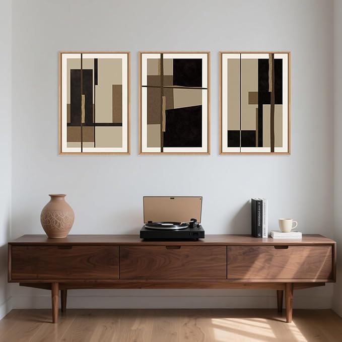 Abstract Shapes Framed Canvas Wall Art Set, Mid-Century Black Polygon Wall Decor, Black Brown Irregular Painting, Neutral Modern Art Print for Living Room, Dining Room, Office - 16"x24"x3-CasaMuseHome