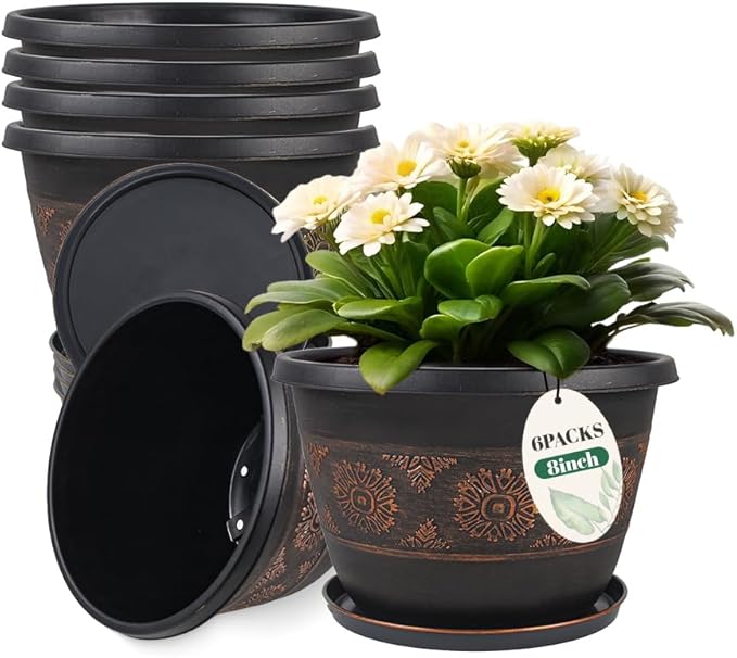 6 Pack 8 inch Plant Pots, Retro Pattern Planters with Drainage Holes and Saucer, Sturdy Plastic Garden Flower Pots for Indoor & Outdoor Plants-CasaMuseHome