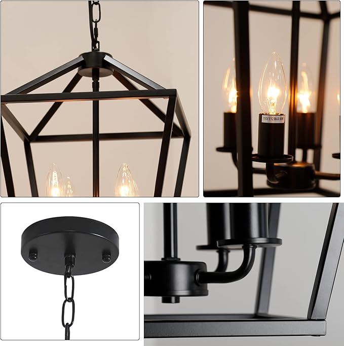 4-Light Lantern Pendant Light,Modern Industrial Black Cage Farmhouse Chandelier for Kitchen Island,12'' Rustic Metal Hanging Lighting Fixture for Dining Room Bedroom Foyer Entry Porch-CasaMuseHome