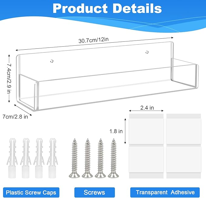 Acrylic Spice Rack Wall Mount-12 Inch, Clear Spice Shelf Storage Holder, 4 Pack Hanging Seasoning Rack Organizer for Cabinet Door, Cupboard or Wall Kitchen (Adhesive or Screw)-CasaMuseHome