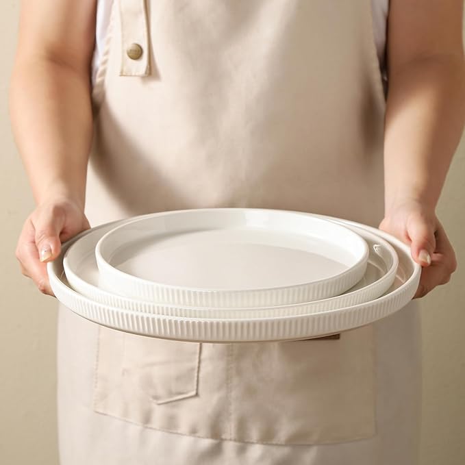 3 Packs Serving Platters, Large Serving Tray, Round Platters for Serving Food, Food Tray for Veggie Fruit Snack Dessert Cheese, White Ceramic Serving Trays for Party, Entertaining, 12.8”/10.8”/8.8”-CasaMuseHome