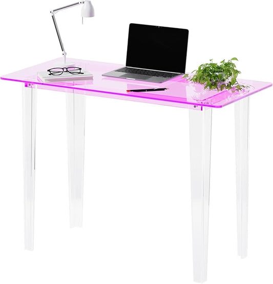 Acrylic Desk, Modern Study Table for HomeOffice-Extended Surface Multi-Purpose Console & EntrywayTable, Sturdy Lightweight Design（(42.5-inch, Pink)-CasaMuseHome