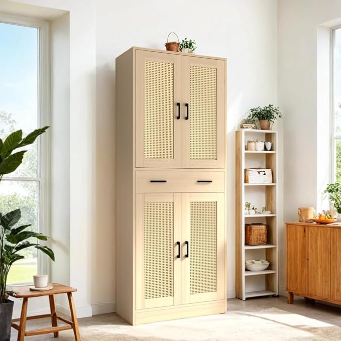 71" Tall Oak & Rattan Pantry Cabinet - Boho Chic Kitchen Storage with Doors & Drawer for Dining Room, Hallway or Kitchen Organization-CasaMuseHome