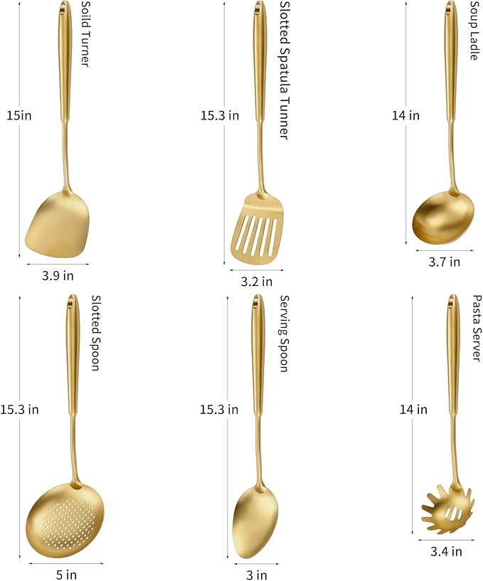 304 Stainless Steel Cooking Utensils,6 Pcs Kitchen Cooking Utensils Set with Spatula, Solid Spoon, Ladle, Skimmer, Spaghetti Spoon,Dishwasher Safe(Gold)-CasaMuseHome