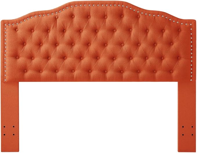 24KF Upholstered Button Tufted Queen Headboard with Nailhead Trim, Elegant Boucle Fabric Full headboard, 6031-Q-Boucle-Orange-CasaMuseHome