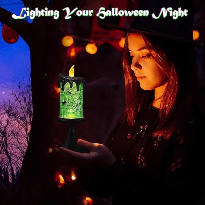 1.Halloween Snow Globe Tornado Flameless Candles Table Centerpiece for Celebration Party,Battery Operated LED Candle with 6 Hours Timer for Home Indoor Halloween Decoration (Spider)-CasaMuseHome