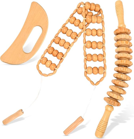3-in-1 Wood Therapy Massage Tools Lymphatic Drainage Massager Maderoterapia Kit Wooden Gua Sha Massager Body Sculpting Tools for Muscle Pain Relief, Anti-Cellulite, Body Contouring and Shaping-CasaMuseHome