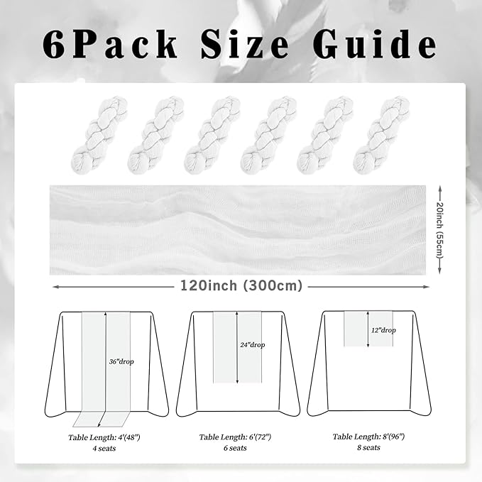 10FT 6 Pack White Cheesecloth Table Runner 20 x 120 Inch Long Rustic Gauze Cheese Cloth Table Runner for Wedding Bridal Baby Shower Table Decorations Boho Fabric Sheer Birthday Party Table Decor-CasaMuseHome