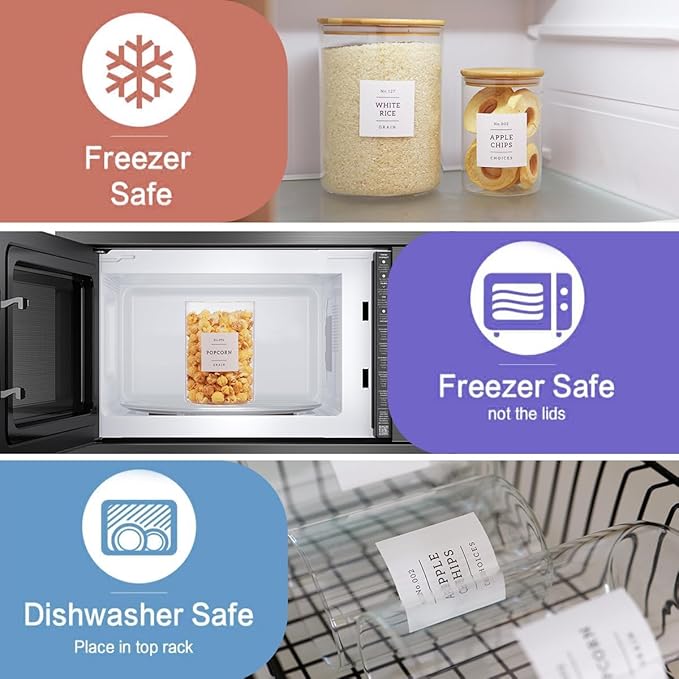 6-Pack Borosilicate Glass Storage Jars with Bamboo Lids + 132 Pre-Printed Pantry Labels Included, BPA-Free Thicken Airtight Containers for Flour, Sugar, Rice, Microwave & Freezer Safe(100OZ/54OZ/27OZ)-CasaMuseHome