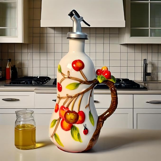 18.26oz/540ml Ceramics Olive Oil Dispenser Bottle,Hand Painted Reliefs Oil Dispenser for Kitchen,Oil Bottles for Kitchen (Cherry)-CasaMuseHome
