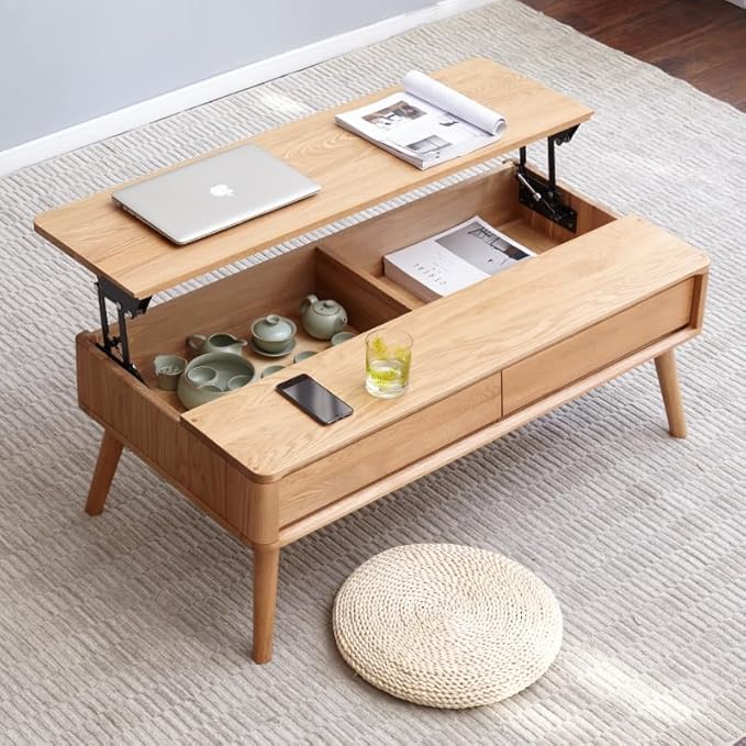 100% Solid Wood Lift Top Coffee Table for Living Room, Mid Century Modern Tables with Drawers and Large Storage, Oak Coffee Tables for Small Spaces (Oak Wood Log, 39.37" W x 21.65" D x 25.59" H)-CasaMuseHome