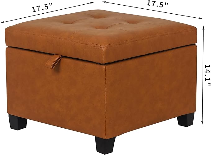 Adeco 17.5" Faux Leather Storage Ottoman with Hinged Lid, 14 Inch High Square Cube Foot Stool with Storage, Upholstered Vanity Stool with Solid Wood Legs for Living Room, Bedroom, Dorm (Warm Orange)-CasaMuseHome