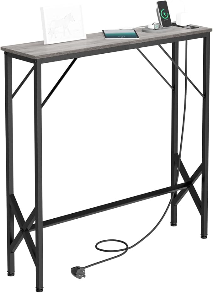 31.5‘’ Console Table, Skinny Entryway Table with Fast-Charging Station, Narrow Long Sofa Table, Behind Slim Couch Table for Entrance, Hallway, Living Room Decor ST-GY80-1-CasaMuseHome