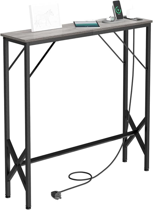 31.5‘’ Console Table, Skinny Entryway Table with Fast-Charging Station, Narrow Long Sofa Table, Behind Slim Couch Table for Entrance, Hallway, Living Room Decor ST-GY80-1-CasaMuseHome