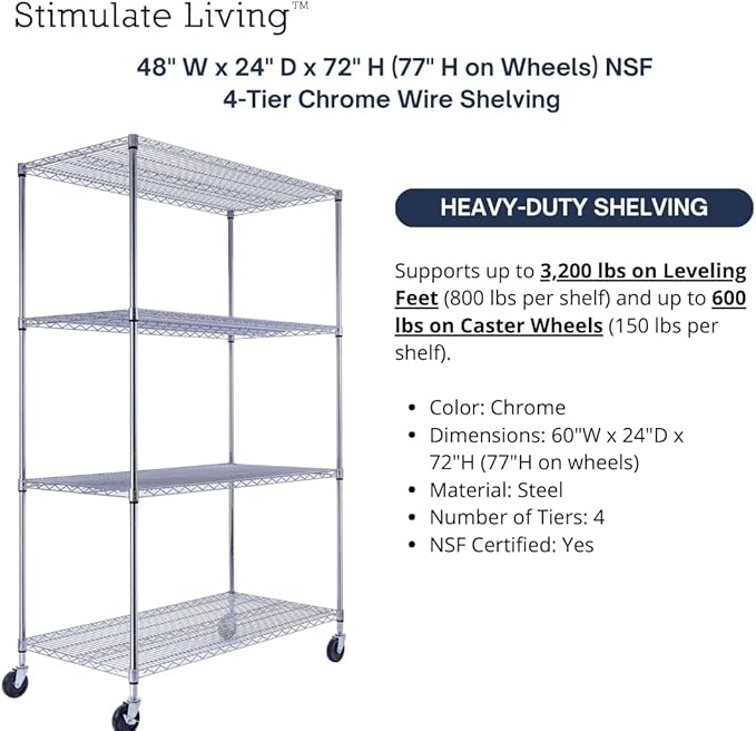 48"x24"x72" Prime Heavy Duty Chrome 4-Tier Wire Shelving NSF 3200 LBS MAX Capacity Storage Rack for Commercial, Hospital, School, Garage, and Kitchen Uses (with Wheels)-CasaMuseHome