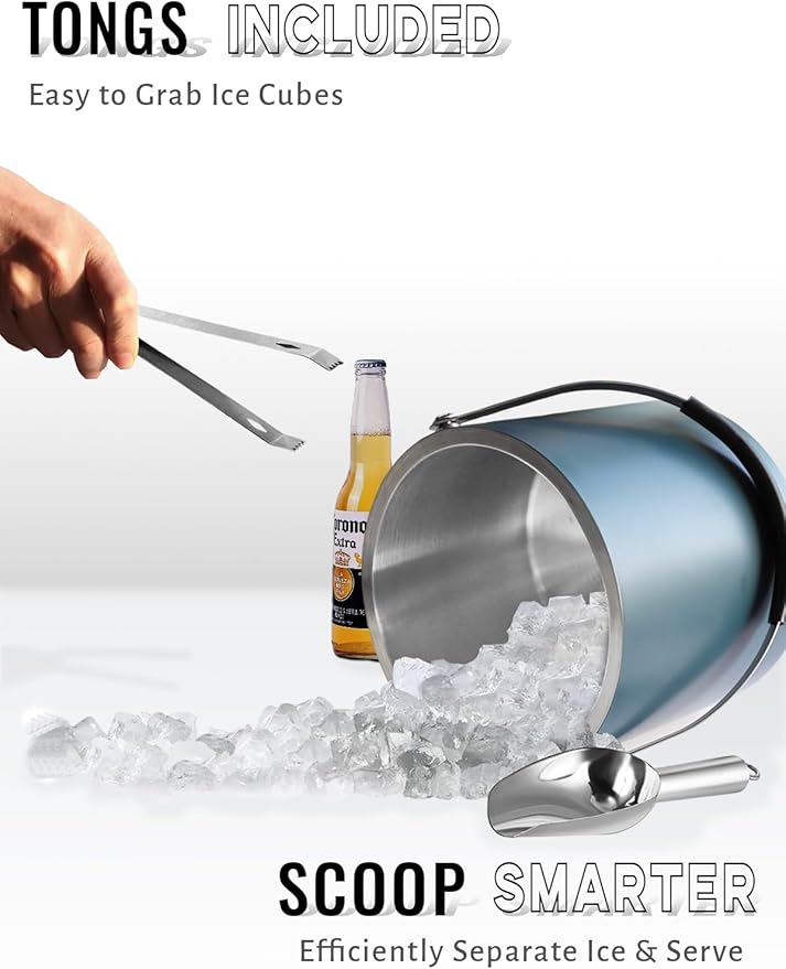 4L Ice Bucket with Silicone Lid, Scoop, Tongs & Strainer, Stainless Steel Double Wall Insulated Ice Buckets for Parties & Cocktail Bar, Outdoor Champagne Ice Container Bin, Navy-CasaMuseHome