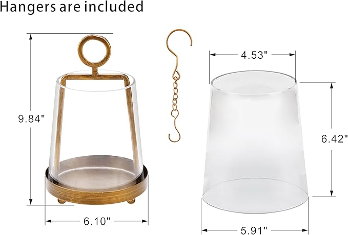 6" Wide Modern Farmhouse Metal Hurricane Candle Holder with Handmade Sturdy Glass Sleeve in Antique Brass for Pillar Candle & Plants, Hurricane Lantern, Industrial, Minimalistic (1, Brass, 6"x10")-CasaMuseHome
