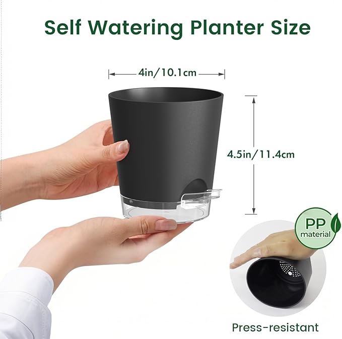 4 inch Self Watering Pots for Indoor Plants, 5 Pack Small Flower Plant Pots with Drainage Holes and Clear Reservoirs, Visible Water Level, Plastic Planters with Wicking Rope, Black-CasaMuseHome