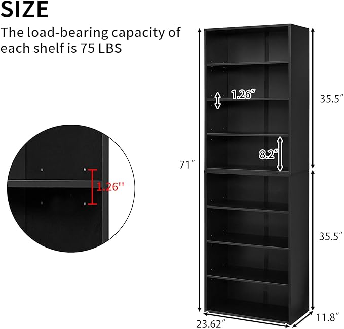 71 Inch Tall 8-Shelf Bookcase, Wood Bookshelf Storage Organizer Adjustable Shelf for Home Office Living Room, Converts into Two 4-Shelf Bookshelves, Black-CasaMuseHome