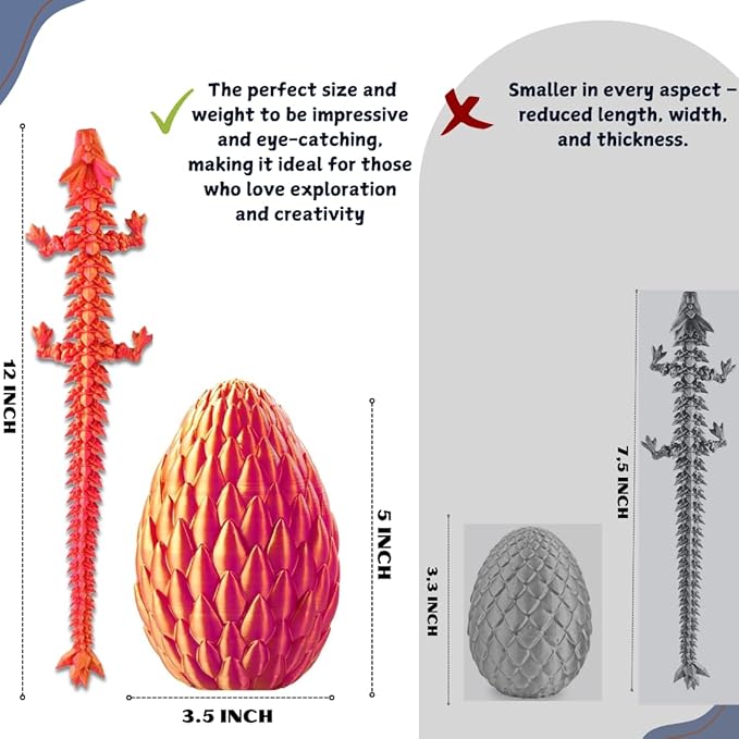 3D Printed 12” Articulated Crystal Dragon Inside 5.1” Egg - Unique Collectible, Fidget Toy, Fantasy Home & Office Desk Decor (Laser Red)-CasaMuseHome