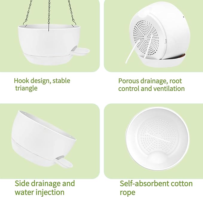 2 Pack Hanging Planters for Indoor Outdoor Plants, 8 Inch Self Watering Hanging Pot with Drainage Holes and Saucer, Plastic Plant Pots, White Flower Pots for Kitchen, Balcony, Garden-CasaMuseHome