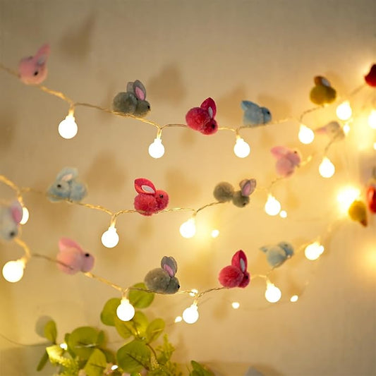 9.85Ft Easter Decor String Lights with Timer 20 Rabbit Shaped Pompoms 20 Ball LED Garland Battery Operated Easter Decorations Bunny Lights for Home Party Kids Room Bedroom Birthday Wedding Indoor-CasaMuseHome