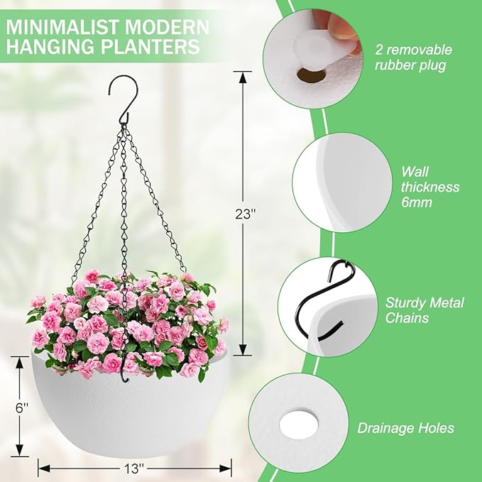 13 inch Hanging Planters for Indoor Plants, 2 Pack Planters for Outdoor Plants with Drainage Holes and Chain, Round Plastic Hanging Baskets, Hanging Flower Pots for Balcony Garden Decor-White-CasaMuseHome