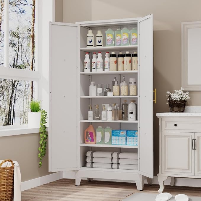 75" Tall Metal Kitchen Pantry Storage Cabinet, Freestanding Cupboard with 2 Doors and 5 Adjustable Shelves, Standing Storage for Kitchen, Bathroom, Garage, Dinning Room or Utility Room（White）-CasaMuseHome