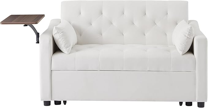 3-in-1 Convertible Sleeper Sofa Bed, Pullout Couch with 360° Swivel Side Table, Modern Chenille Fabric, Easy to Assemble, Folding Loveseat Sofa Bed for Living Room & Guest Room-CasaMuseHome