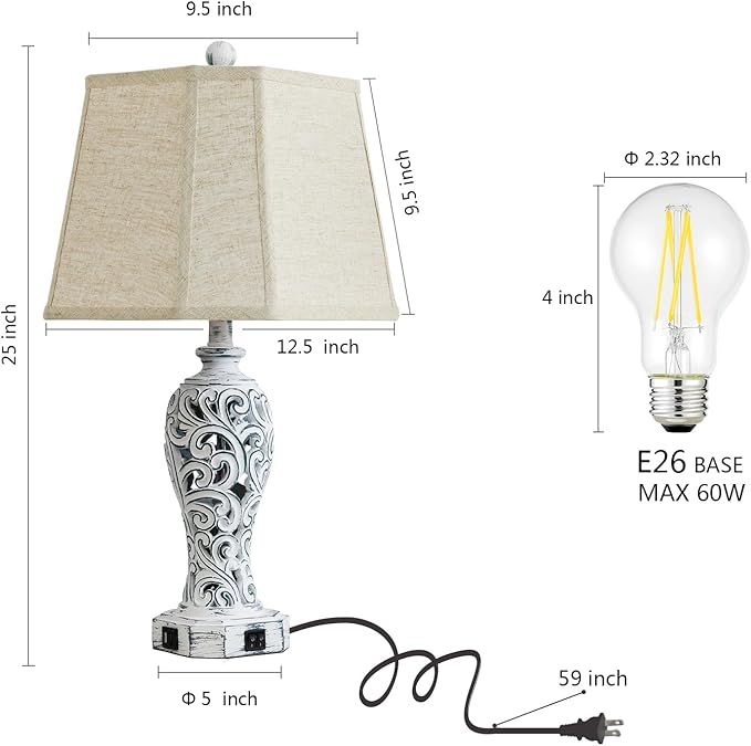25'' Farmhouse Table Lamps Set of 2 for Living Room Bedroom, 2 USB Ports Rustic Vintage Nightstand Table Lamp with Nightlight, Hollow Out Resin Lamp for End Table (Bulbs Included)-CasaMuseHome