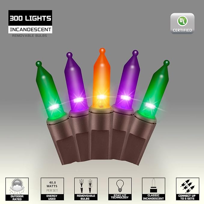 300LIGHTS(2*150L) ORANGE PURPLE and GREEN Extra-Bright With End Connectors Halloween Decorative Lights 19.44m UL Certified Mini String Light Set Waterproof for Halloween Home Garden Tree Party-CasaMuseHome