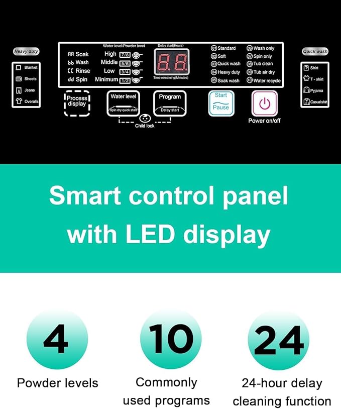 25 lbs Full Automatic Washing Machine with LED Display Compact Washing Machine with Drain Dump, 10 Wash Programs and 8 Water Levels Ideal for Dorms, Apartments, RV, Grey-CasaMuseHome