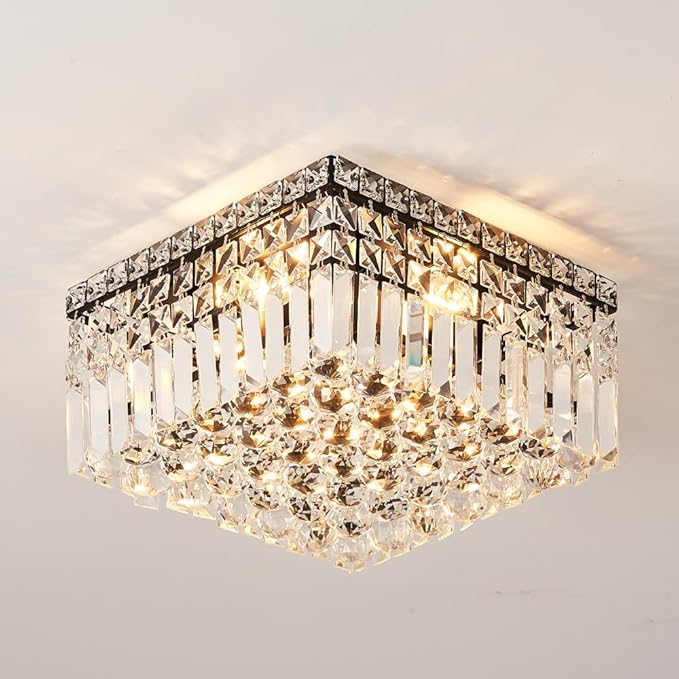 4-Light Black Crystal Chandeliers Flush Mount Chandelier Light Fixture with K9 Crystals Modern Ceiling Lights Elegant Square Lamp for Bedroom,Hallway,Bar,Living Room,Dining Room,H5.9 xW13.7-CasaMuseHome