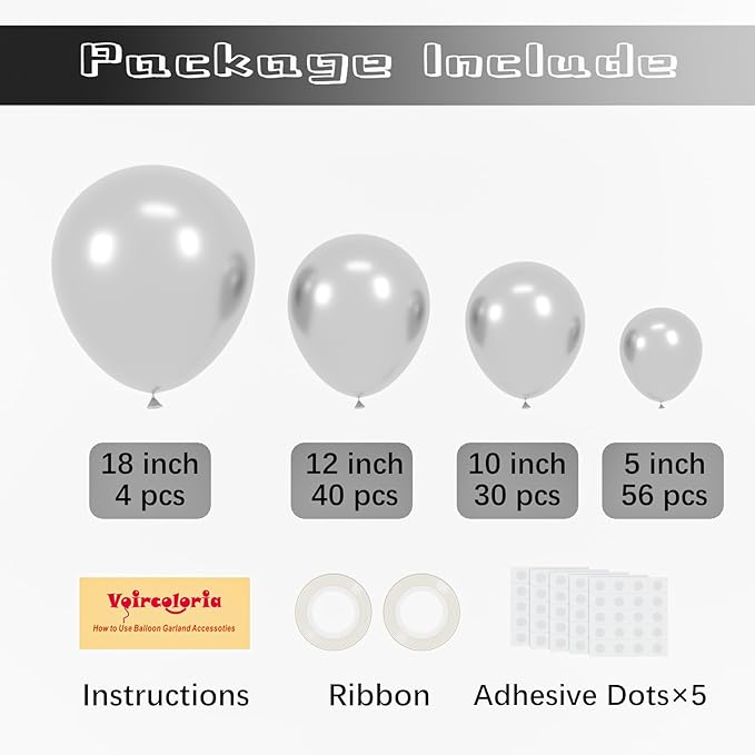 130pcs Metallic Silver Balloons Different Sizes 18" 12" 10" 5" Chrome Silver Balloon Garland Arch Kit for Graduation Birthday Baby Shower Wedding Anniversary New Year Party Decorations-CasaMuseHome