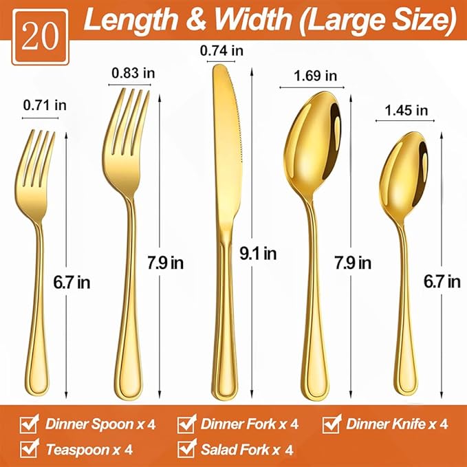 20 Pcs Gold Silverware Set for 4 with Simple Striped Handle Design, Food Grade Stainless Steel Flatware Set, Eating Utensils Sets Include Fork/Knife/Spoon, Cutlery Set, Dishwasher Safe-CasaMuseHome