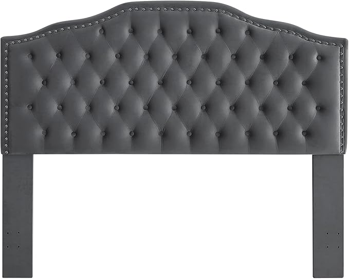 24KF Upholstered Button Tufted Queen/Full Size Headboard with Nailhead Trim, Soft Velvet Fabric - Dark Gray-CasaMuseHome