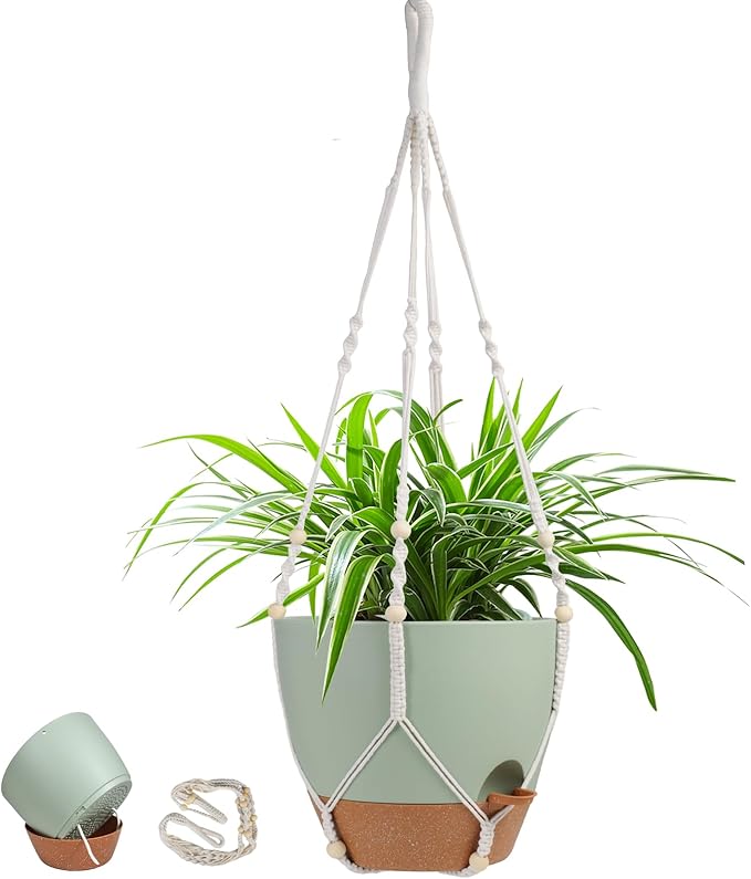 41.5 Inch Macrame Plant Hanger Indoor Outdoor with 12 Inch Flower Pot, Hanging Planter for Plants Holder with Wood Beads for Boho Home Decor (Ivory+Green)-CasaMuseHome