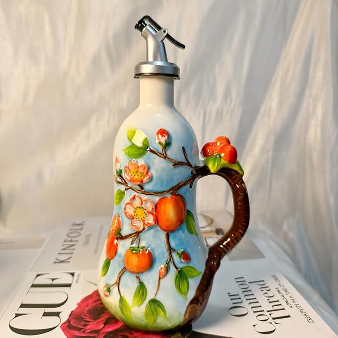 18 Oz Hand Painted Relief Ceramic Olive Oil Bottle Dispenser for Kitchen, Oil and Vinegar Bottle, Seasoning Bottle with Stainless Steel Nozzle, 540mL Oil Container with Handle for Cooking, Light Proof-CasaMuseHome